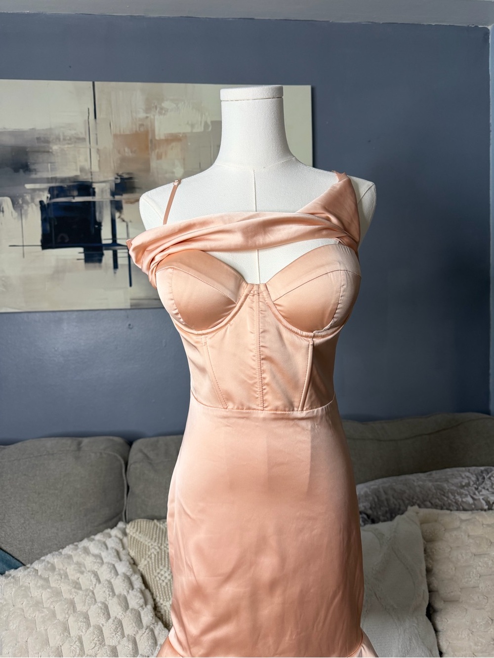 Oh Polly Peach Satin Corset Cowl Neck Mini Dress Size US 6 - Picture 3 of 6